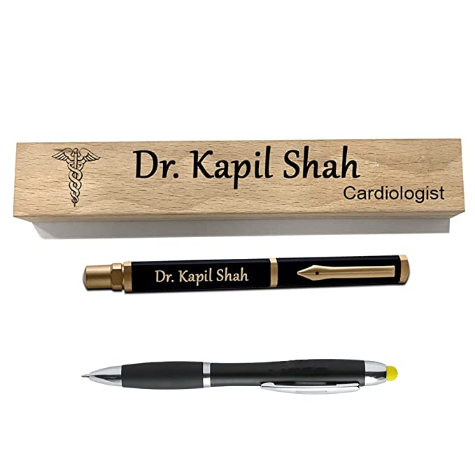Sensy Gifts Personalised Ball Point Metal Blue Pen with Wooden Penstand