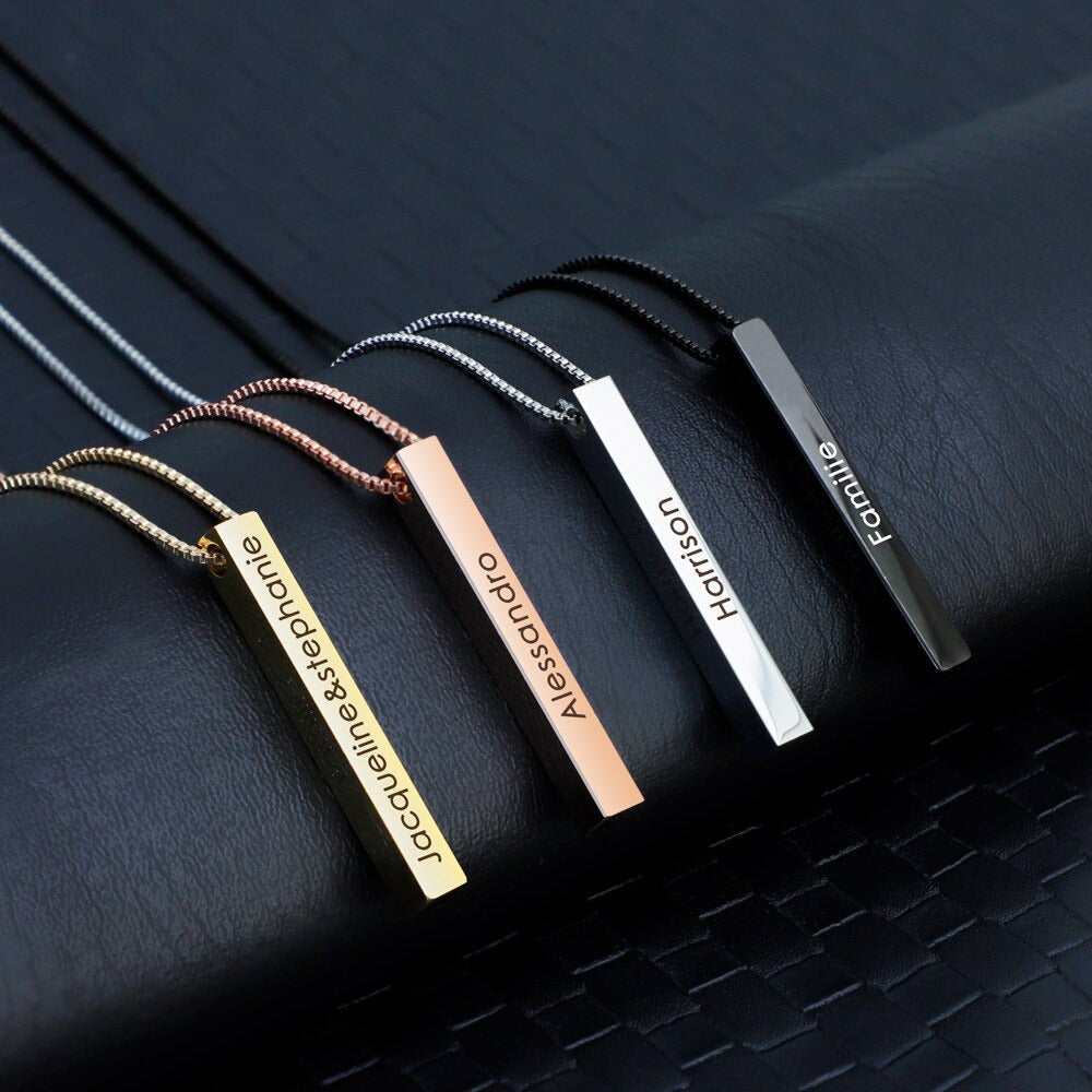 Personalized 3D Bar Name Necklace Custom Engraved Gold Pendant