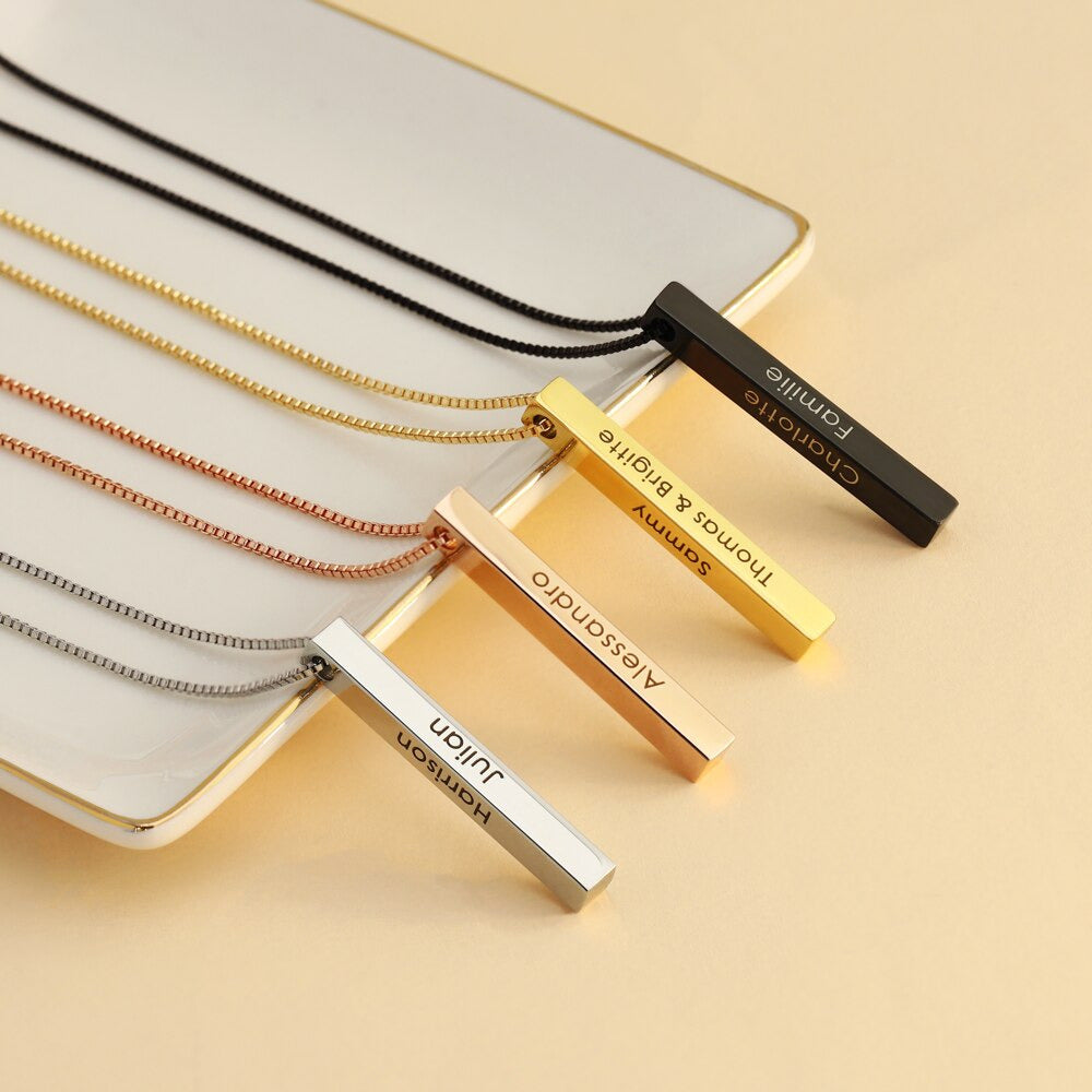 Personalized 3D Bar Name Necklace Custom Engraved Gold Pendant
