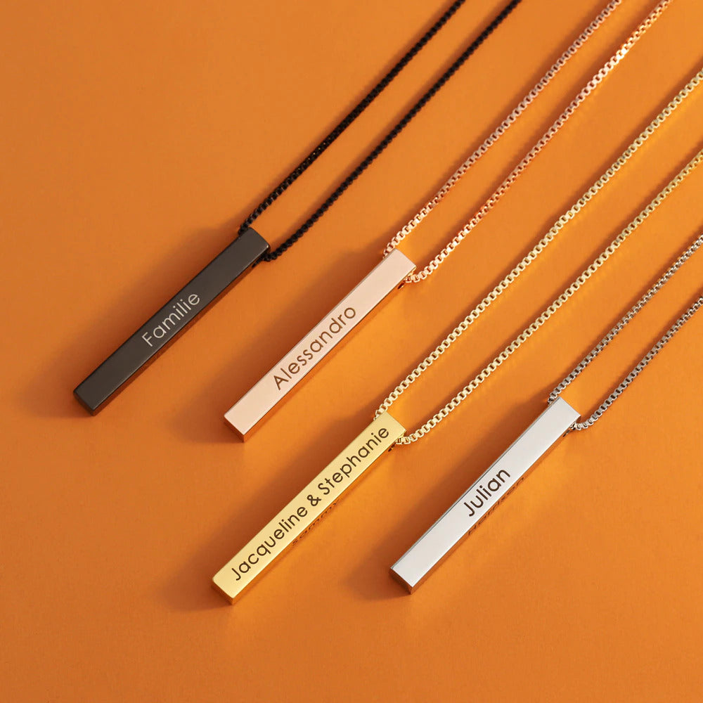 Personalized 3D Bar Name Necklace Custom Engraved Gold Pendant