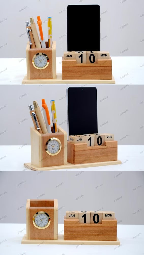 Wooden Calendar Clock Penstand