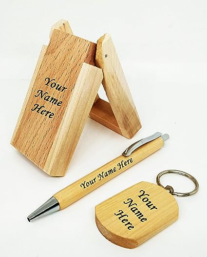 Personalized Wooden Pen Stand with Keychain and Wooden Ball Pen