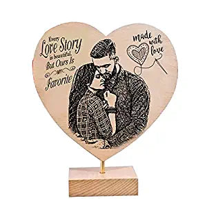 Sensy Gifts Personalized Gifts Customized Engraved Wooden Photo Frame with Text in Heart Shape Stand (15x18cm)