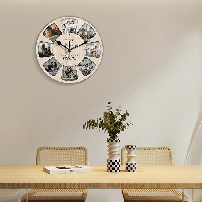 Custom Family Photo Wall Clock – Personalized Wooden Decorative Clock with 8-Picture Collage and Heartfelt Quote