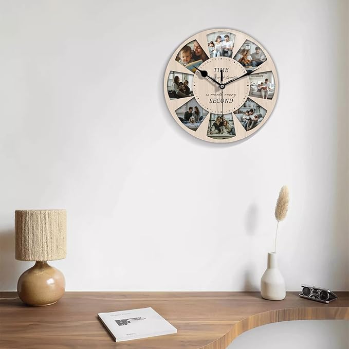 Custom Family Photo Wall Clock – Personalized Wooden Decorative Clock with 8-Picture Collage and Heartfelt Quote
