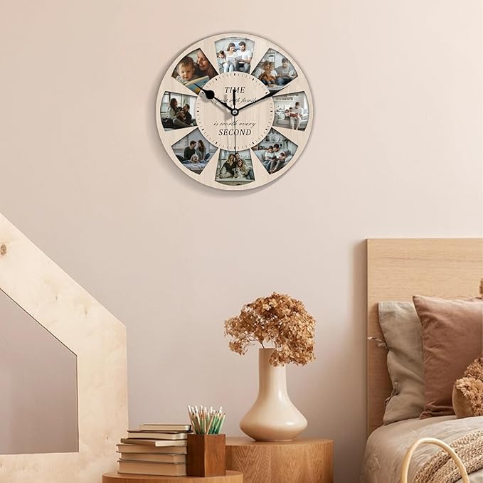 Custom Family Photo Wall Clock – Personalized Wooden Decorative Clock with 8-Picture Collage and Heartfelt Quote