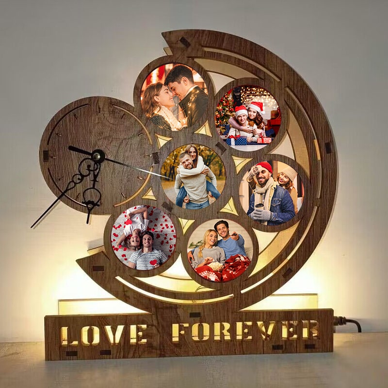 Love Forever Personalized LED Photo Clock – Custom 6-Picture Wooden Collage Lamp with Rotating Gear Design