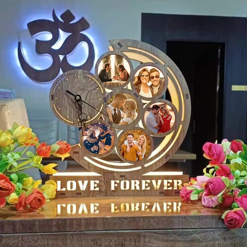 Love Forever Personalized LED Photo Clock – Custom 6-Picture Wooden Collage Lamp with Rotating Gear Design