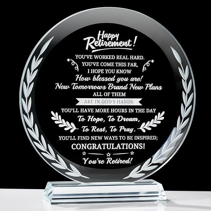 Premium Round Crystal Retirement Plaque | Hand-Engraved Glass Keepsake Award with Laurel Wreath Detail