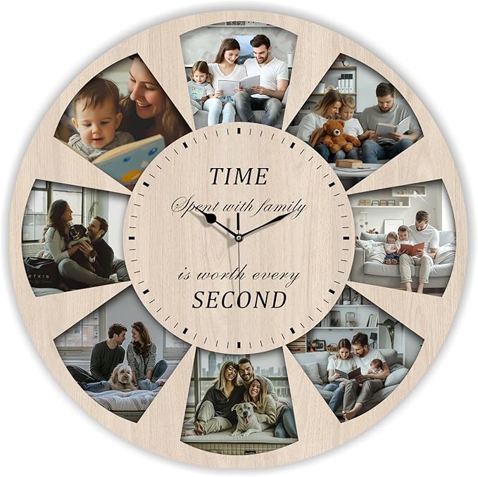 Custom Family Photo Wall Clock – Personalized Wooden Decorative Clock with 8-Picture Collage and Heartfelt Quote