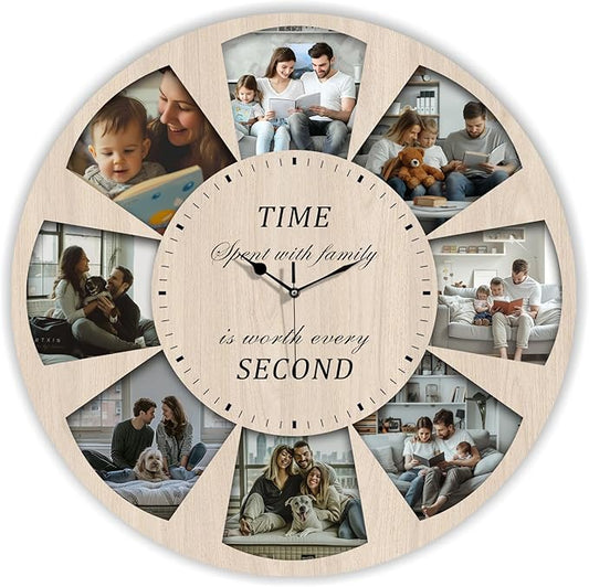 Custom Family Photo Wall Clock – Personalized Wooden Decorative Clock with 8-Picture Collage and Heartfelt Quote