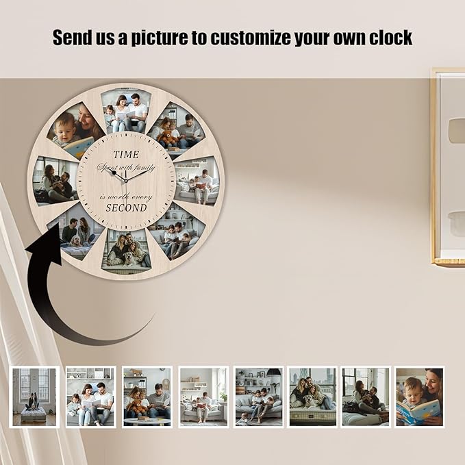 Custom Family Photo Wall Clock – Personalized Wooden Decorative Clock with 8-Picture Collage and Heartfelt Quote