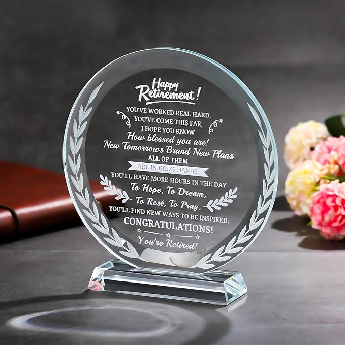 Premium Round Crystal Retirement Plaque | Hand-Engraved Glass Keepsake Award with Laurel Wreath Detail