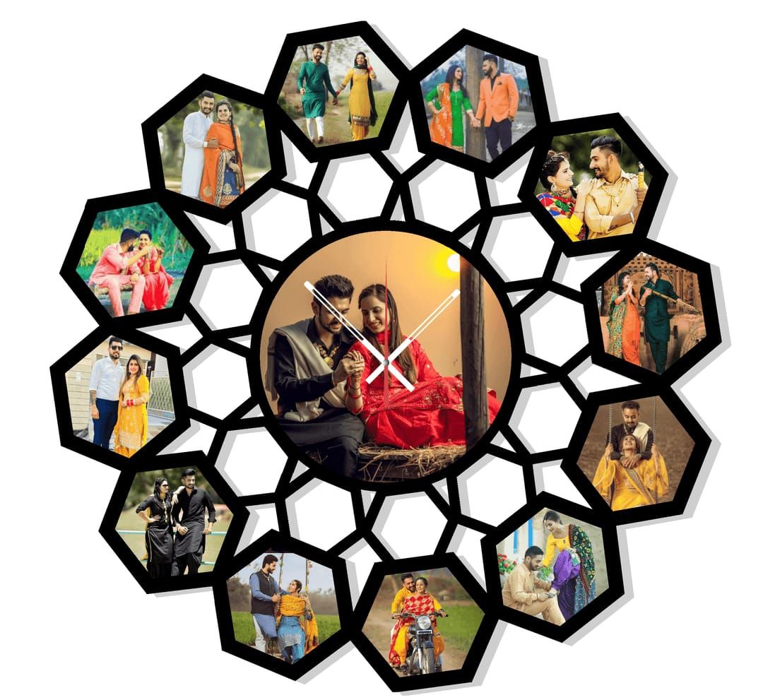 Infinite Memories Personalized Photo Wall Clock – Custom 13-Picture Geometric Collage for Couples & Anniversaries