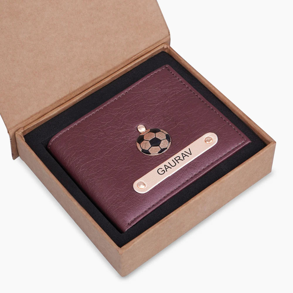 Premium Personalized Men's Wallet with Metallic Name Strip – Custom Vegan Leather Bifold with Unique Charm Decor