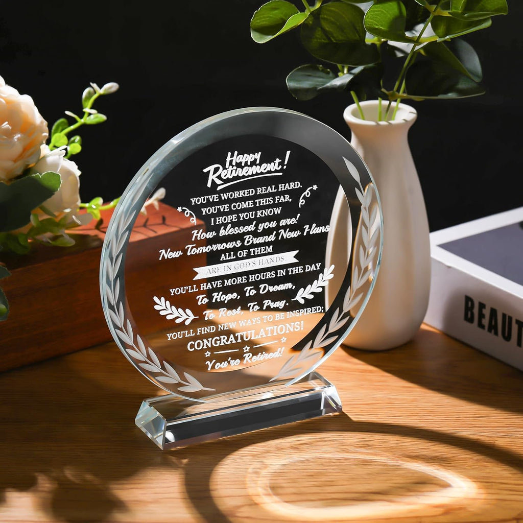 Premium Round Crystal Retirement Plaque | Hand-Engraved Glass Keepsake Award with Laurel Wreath Detail