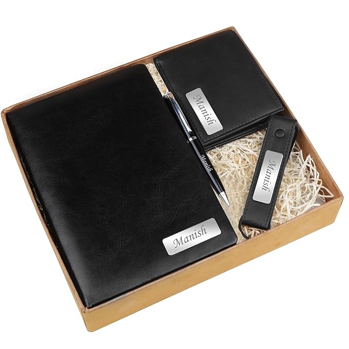 Personalized Men's Office Gift Set – 4-Piece Custom Name Combo with Leather Diary, Wallet, Pen & Keychain – Premium Corporate & Birthday Gift for Him
