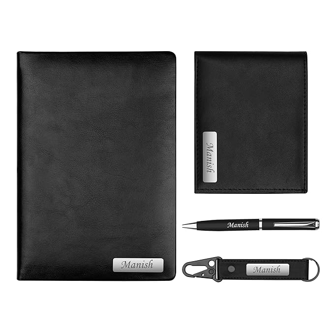 Personalized Men's Office Gift Set – 4-Piece Custom Name Combo with Leather Diary, Wallet, Pen & Keychain – Premium Corporate & Birthday Gift for Him