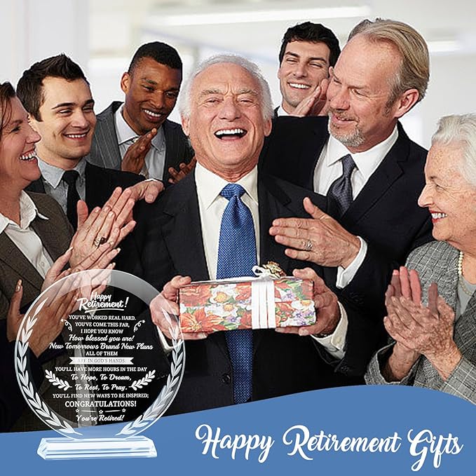 Premium Round Crystal Retirement Plaque | Hand-Engraved Glass Keepsake Award with Laurel Wreath Detail