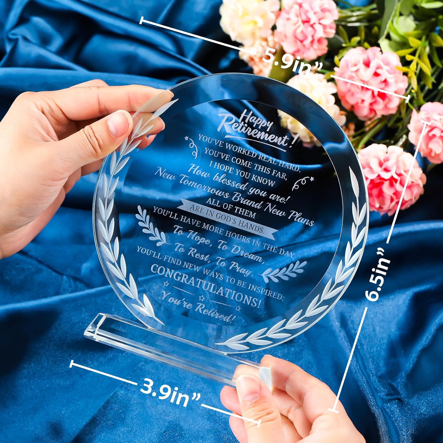 Premium Round Crystal Retirement Plaque | Hand-Engraved Glass Keepsake Award with Laurel Wreath Detail
