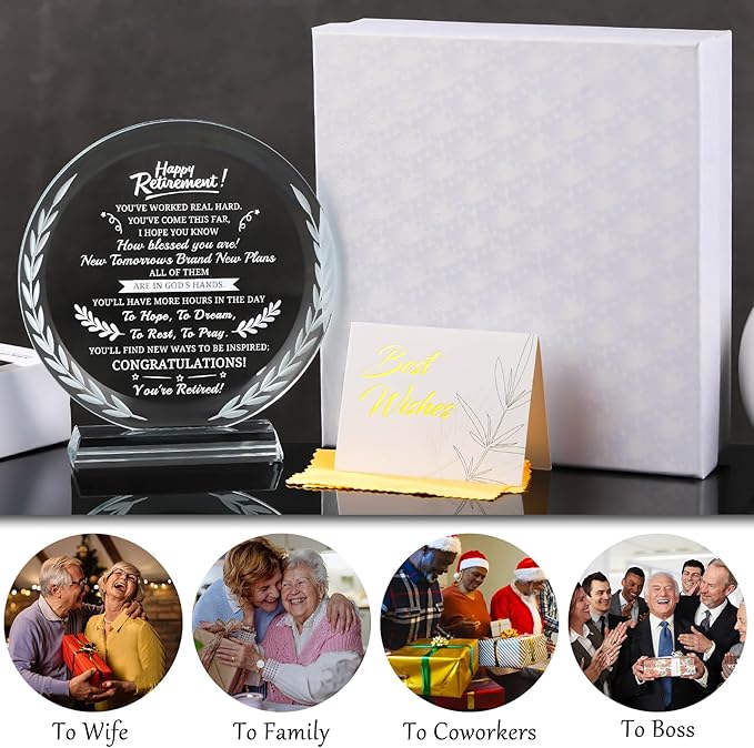 Premium Round Crystal Retirement Plaque | Hand-Engraved Glass Keepsake Award with Laurel Wreath Detail