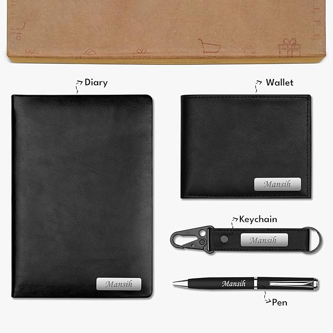 Personalized Men's Office Gift Set – 4-Piece Custom Name Combo with Leather Diary, Wallet, Pen & Keychain – Premium Corporate & Birthday Gift for Him