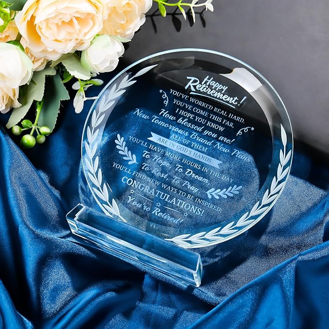 Premium Round Crystal Retirement Plaque | Hand-Engraved Glass Keepsake Award with Laurel Wreath Detail