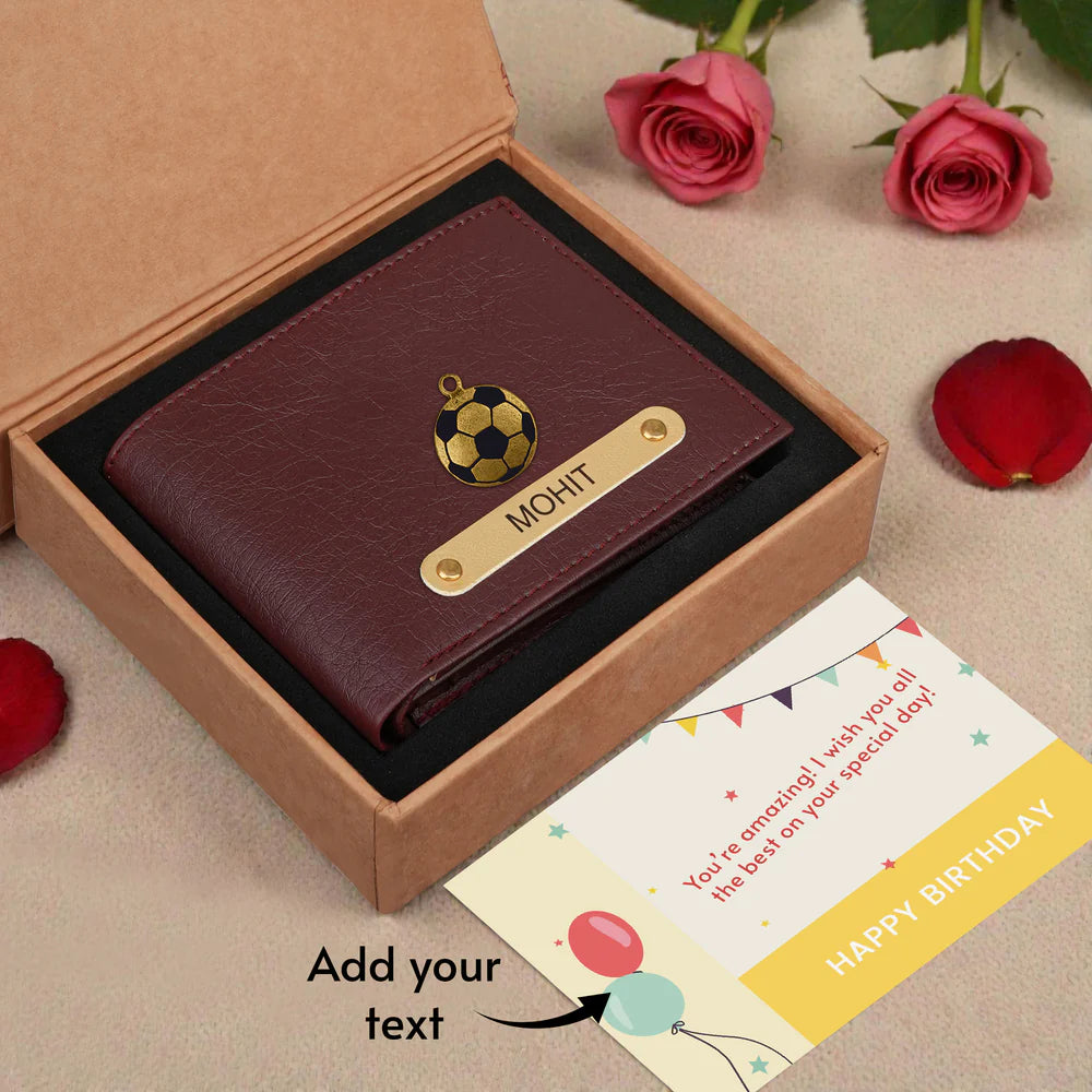 Complete Personalized Birthday Gift Set – Custom Name Wallet with Football Charm and Matching Greeting Card