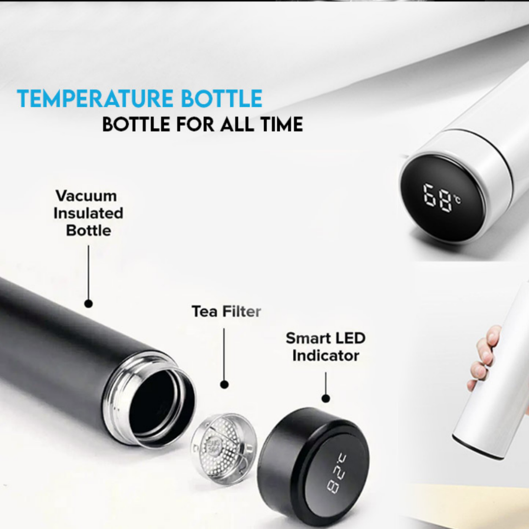 Sensy Gifts Thermos Double Stainless Steel Wall Smart Flask Vacuum Insulated Water Bottle with LED Temperature Display | Perfect for Hot and Cold Drinks | for Campaign Travelling (Black, 500 ml)