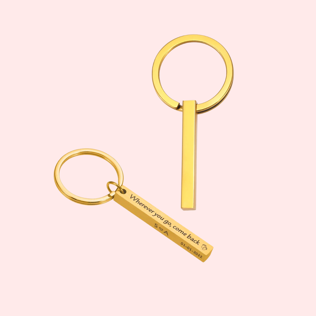 Personalized Wooden Bar Keychain | Custom Engraved 4-Sided Key Ring for Men & Dad