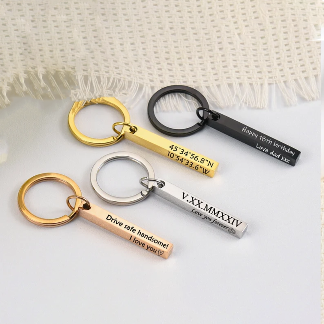 Personalized Wooden Bar Keychain | Custom Engraved 4-Sided Key Ring for Men & Dad