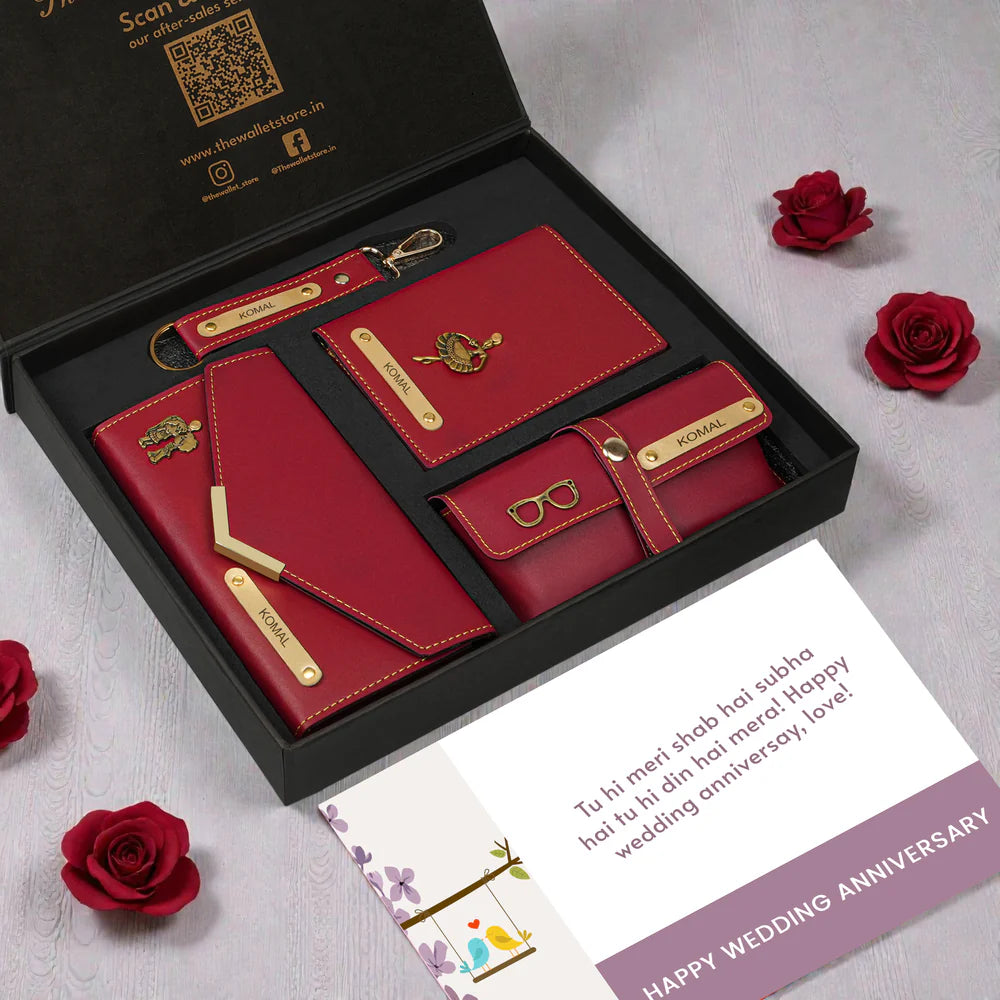 Personalized Red Leather Gift Set for Women – 4-in-1 Combo with Custom Name Clutch, Passport Holder, Sunglass Case & Keychain – Premium Anniversary & Birthday Gift Box