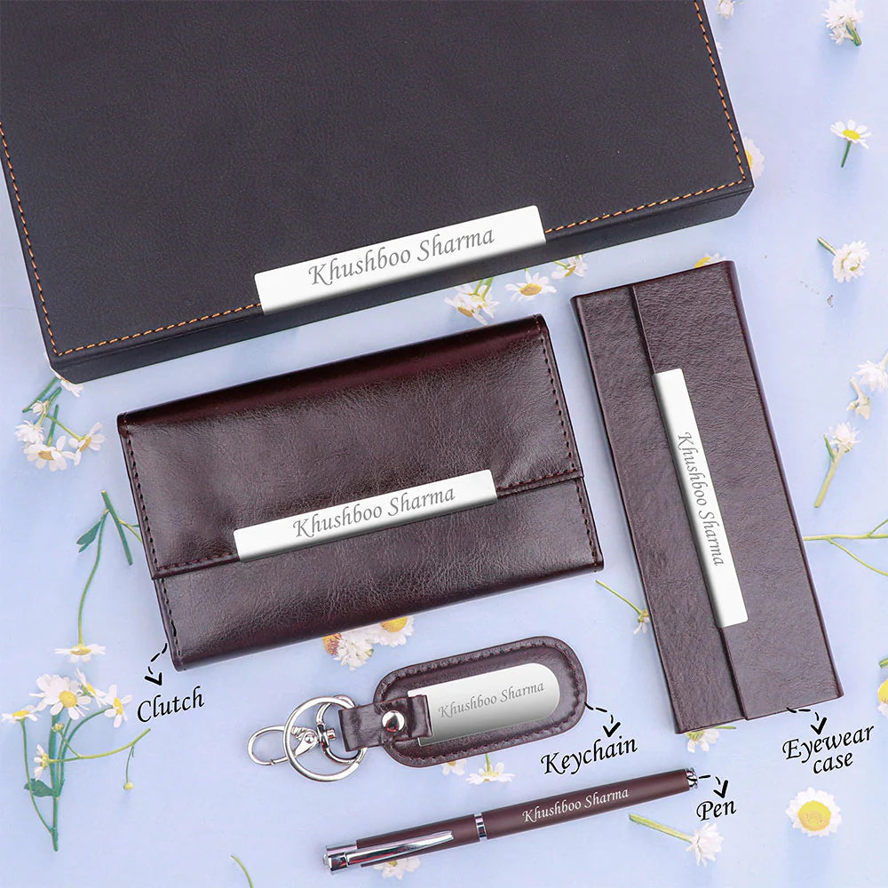 Personalized Photo Gift Box for Women - 4-Piece Custom Name Leather Combo with Picture Printing - Includes Wallet, Clutch, Pen & Keychain - Ideal Birthday/Anniversary Present