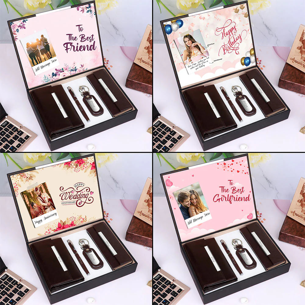 Personalized Photo Gift Box for Women - 4-Piece Custom Name Leather Combo with Picture Printing - Includes Wallet, Clutch, Pen & Keychain - Ideal Birthday/Anniversary Present