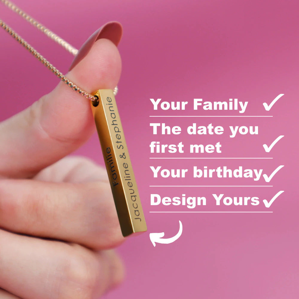 Personalized 4-Sided Bar Necklace | Custom Name Pendant | 22K Gold, Silver & Rose Gold Plated