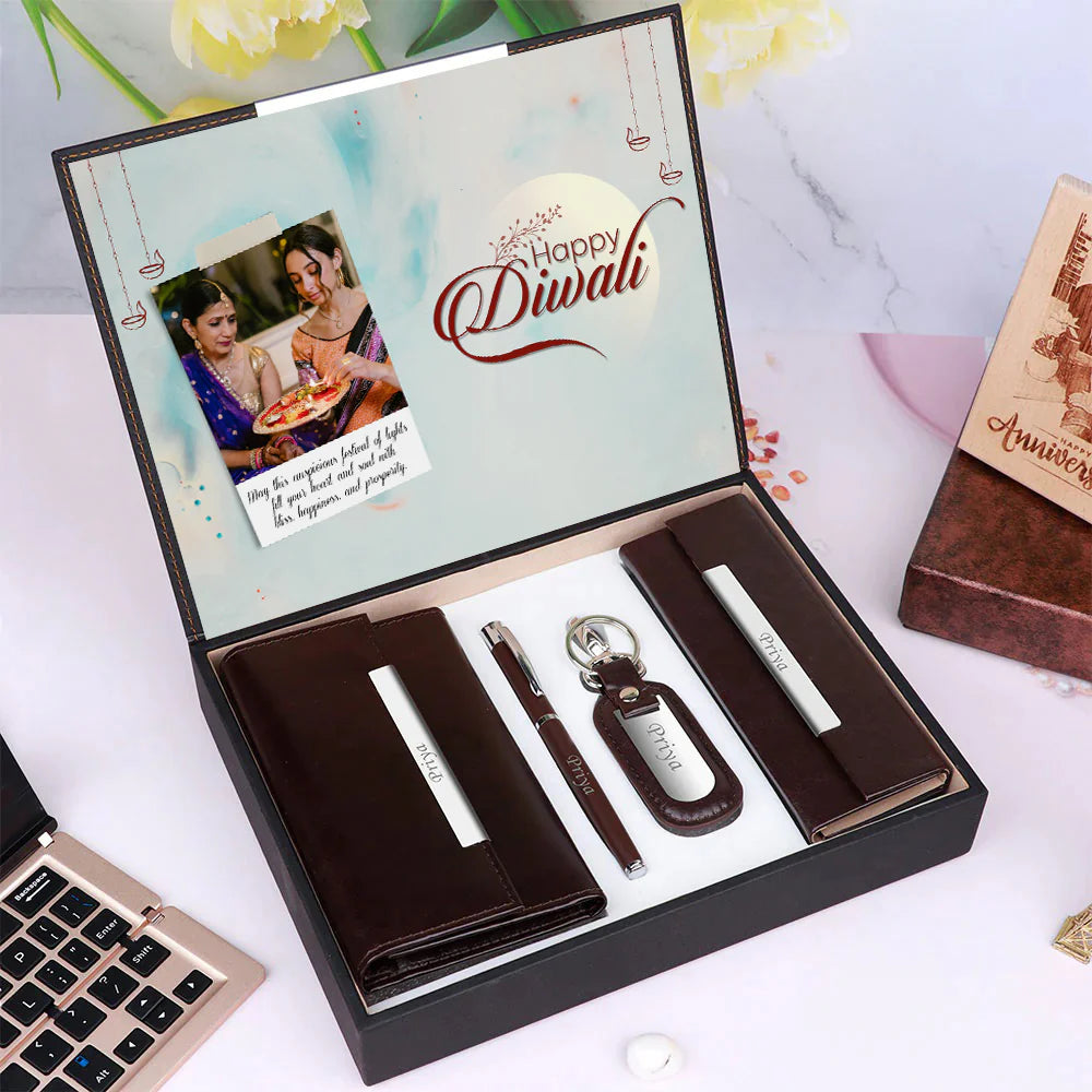 Personalized Photo Gift Box for Women - 4-Piece Custom Name Leather Combo with Picture Printing - Includes Wallet, Clutch, Pen & Keychain - Ideal Birthday/Anniversary Present
