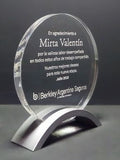 Modern Circular Acrylic Recognition Plaque | Desktop Award with Sleek Metallic Arch Base