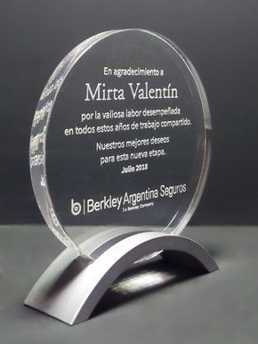 Modern Circular Acrylic Recognition Plaque | Desktop Award with Sleek Metallic Arch Base