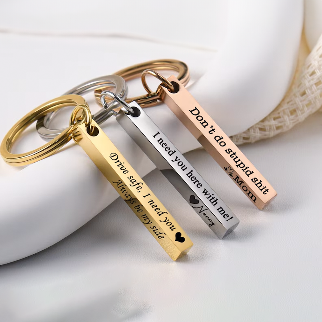 Personalized Wooden Bar Keychain | Custom Engraved 4-Sided Key Ring for Men & Dad