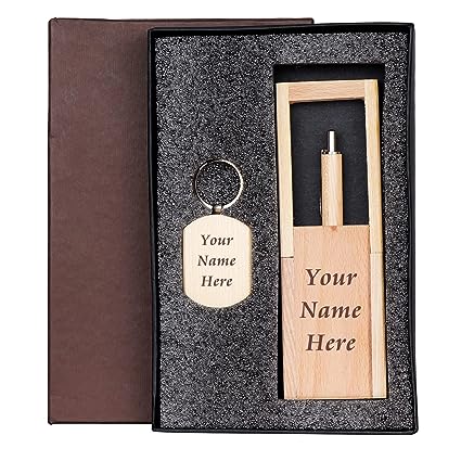 Personalized Wooden Pen Stand with Keychain and Wooden Ball Pen