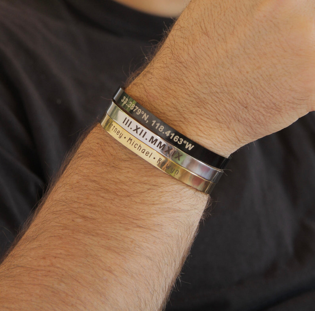 Elegant Custom Text Engraved Steel Bracelet – Unisex Personalised Cuff