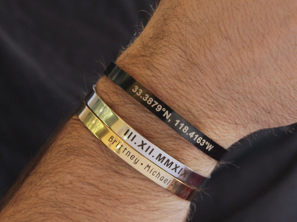 Elegant Custom Text Engraved Steel Bracelet – Unisex Personalised Cuff