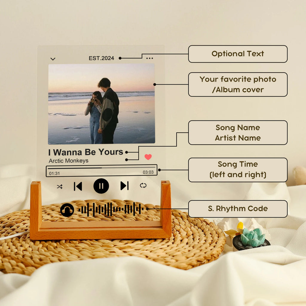 Custom Personalized Music Plaque with LED Wooden Base – Acrylic Song Poster with Your Photo & Scannable Audio Wave