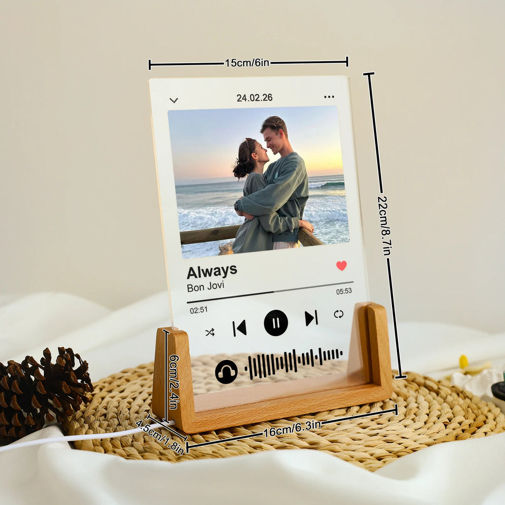 Custom Personalized Music Plaque with LED Wooden Base – Acrylic Song Poster with Your Photo & Scannable Audio Wave