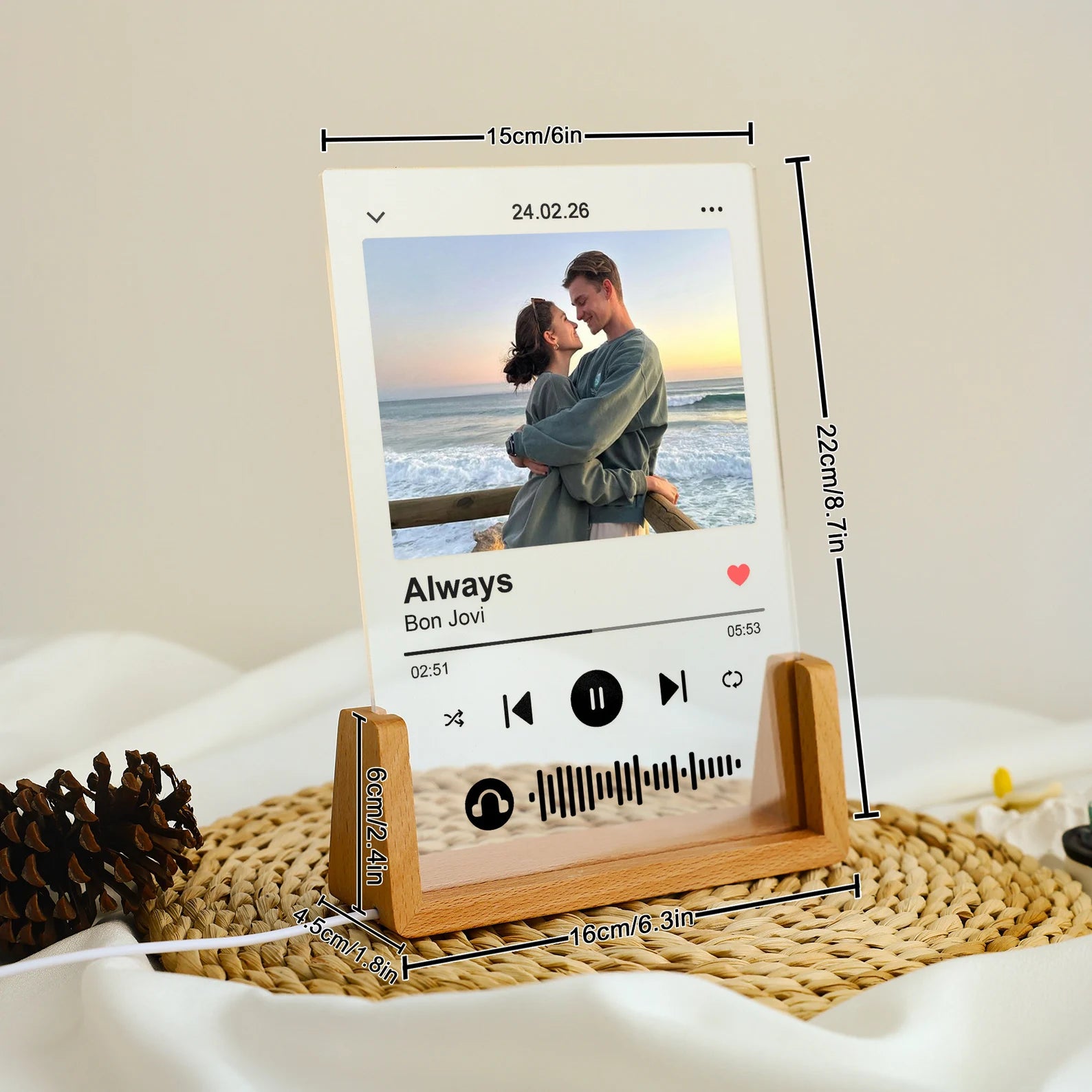 Custom Personalized Music Plaque with LED Wooden Base – Acrylic Song Poster with Your Photo & Scannable Audio Wave