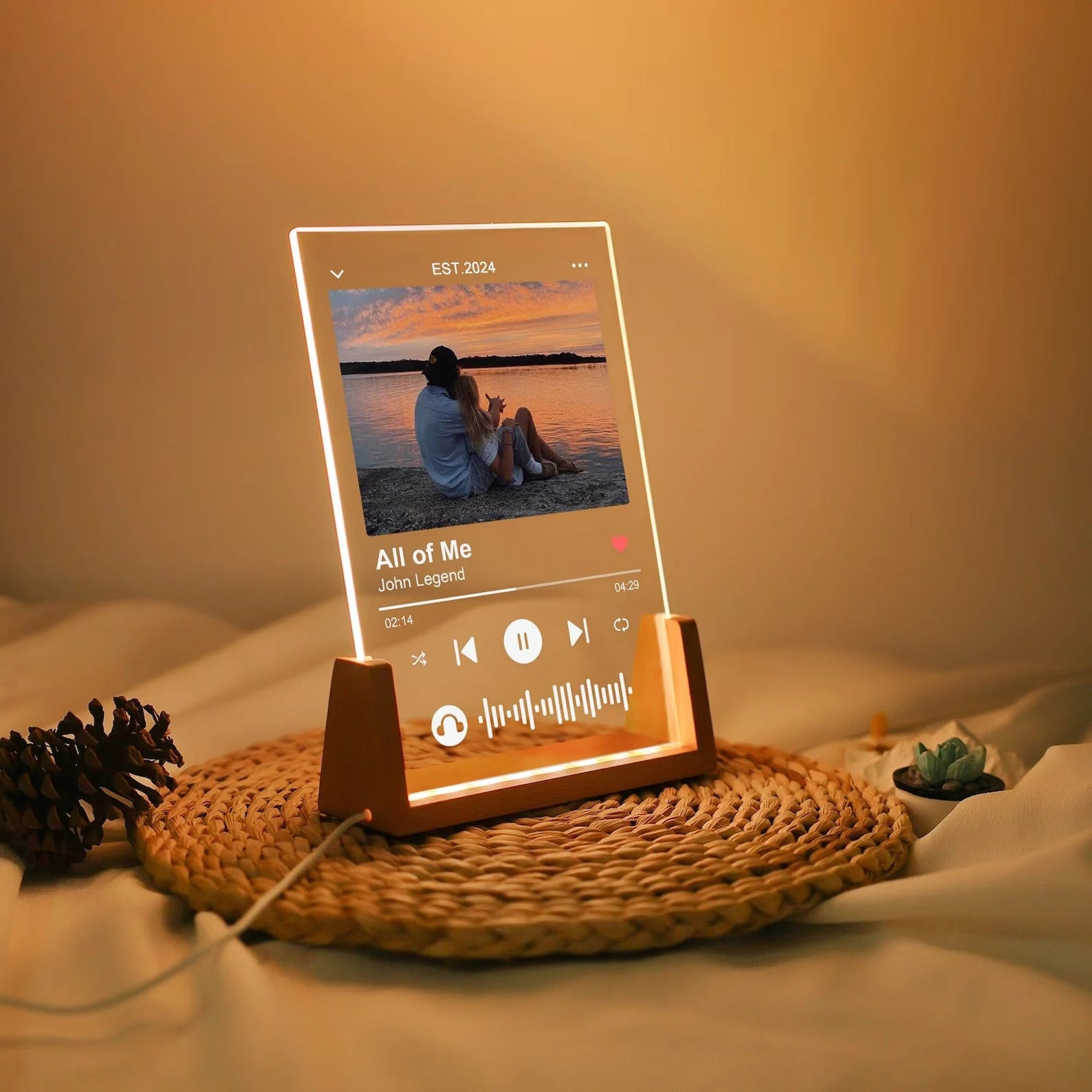 Custom Personalized Music Plaque with LED Wooden Base – Acrylic Song Poster with Your Photo & Scannable Audio Wave