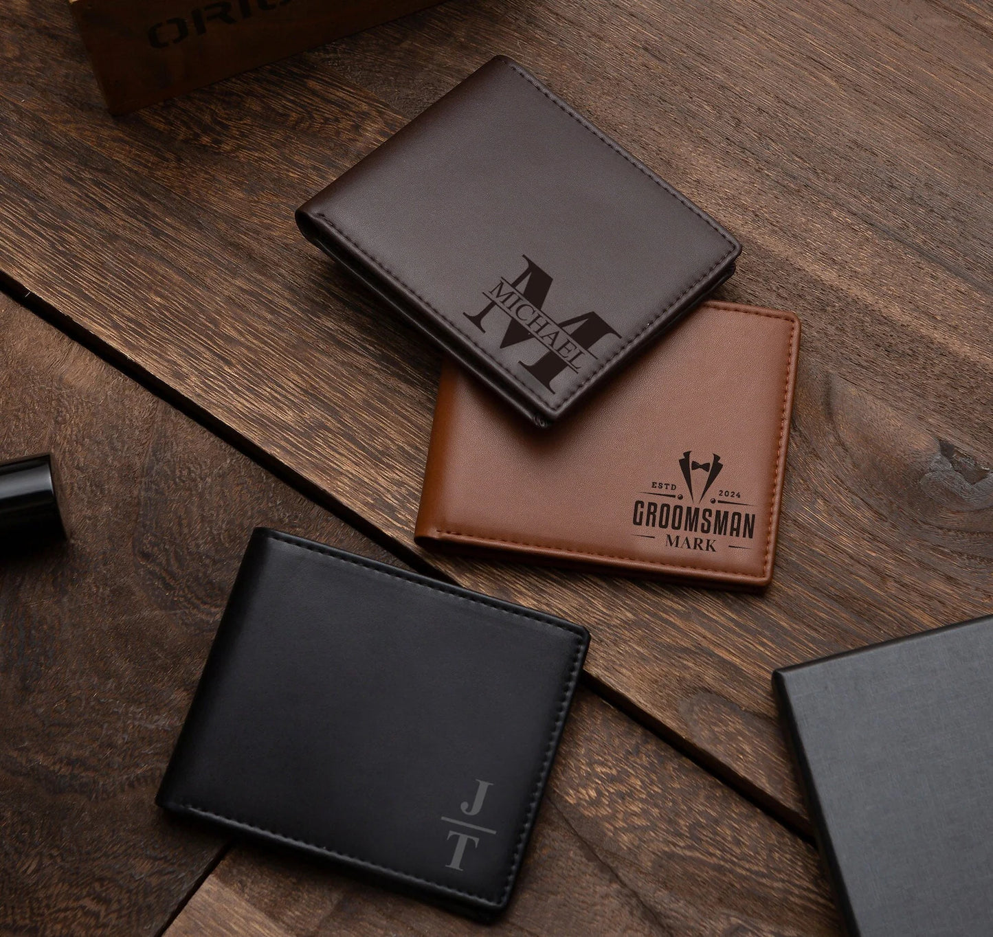 Custom Engraved Men's Leather Wallet – Personalized Groomsmen Gift, Minimalist Bifold with Name & Monogram