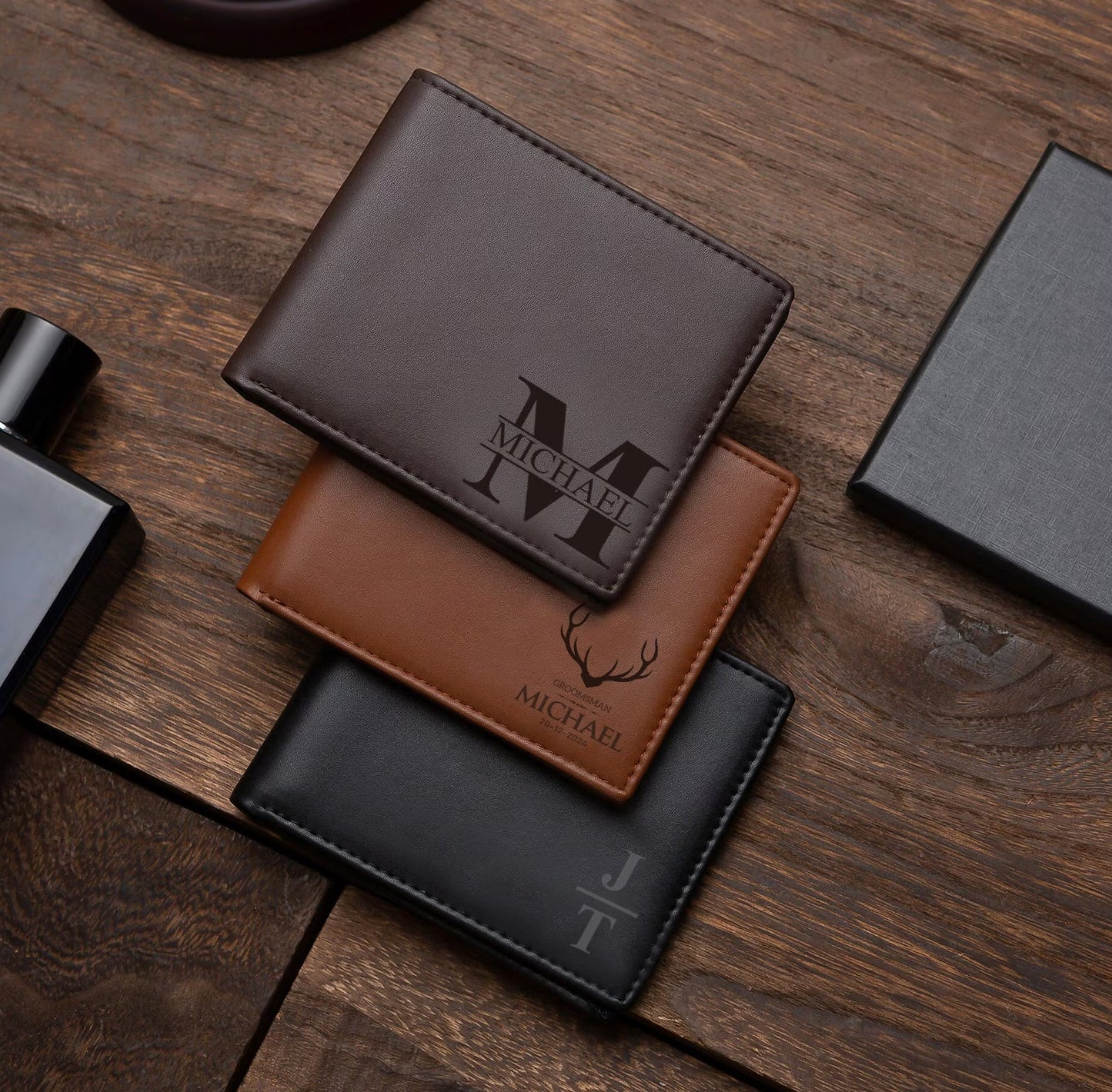 Custom Engraved Men's Leather Wallet – Personalized Groomsmen Gift, Minimalist Bifold with Name & Monogram