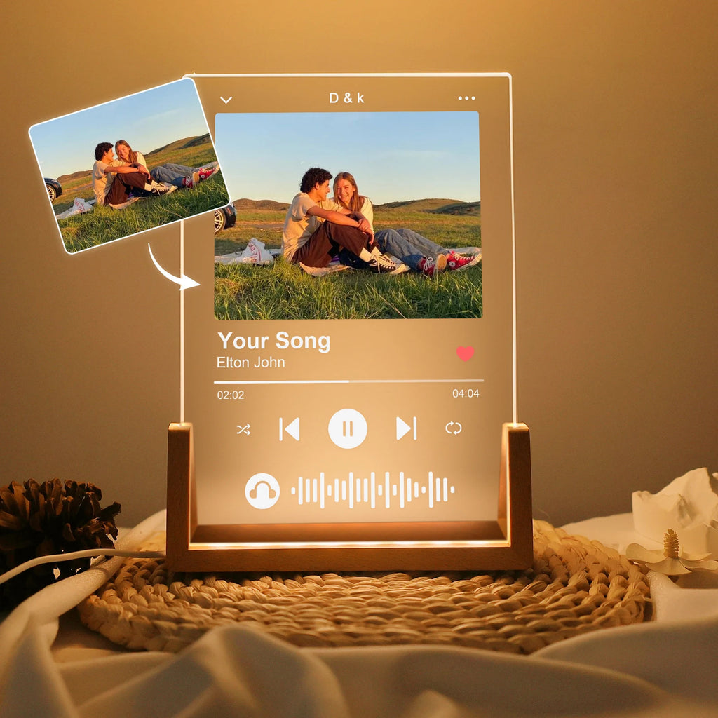 Custom Personalized Music Plaque with LED Wooden Base – Acrylic Song Poster with Your Photo & Scannable Audio Wave
