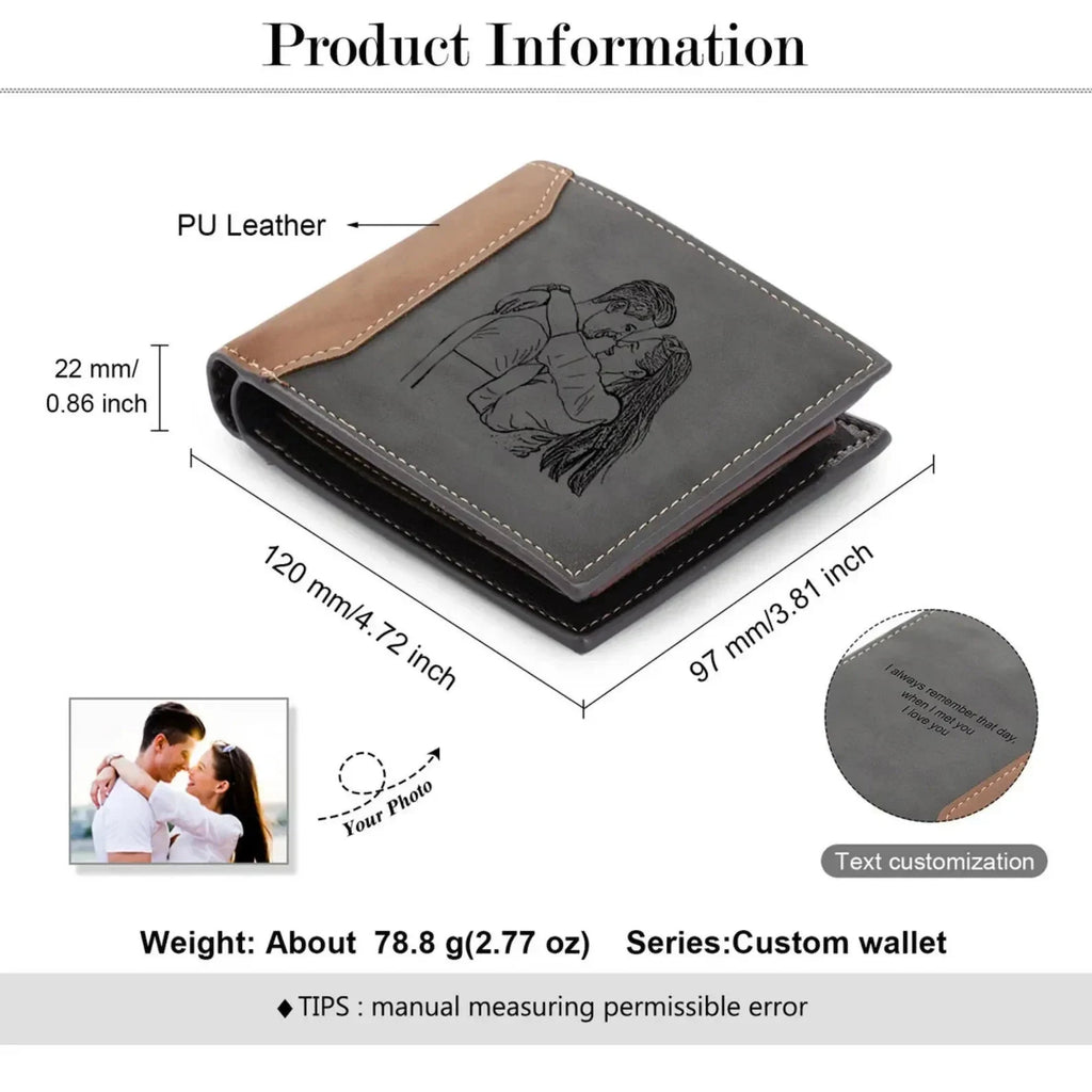 Custom Photo Engraved Men's Wallet – Personalized Dual-Tone Leather Bifold with Laser-Etched Picture and Monogram